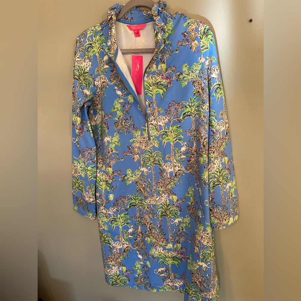 NWT Lilly Pulitzer Skipper UPF 50 Blue Thistle Tiger Queen Ruffle Terry Dress XL